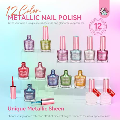 SAVILAND Metallic Nail Polish with Base and Top Coat: Chrome Nail Polish Set 12+2 Colors Mirror Glitter Holographic Silver Pink Quick-Dry Nail Polish for Fingernail French Manicure Art DIY Gift