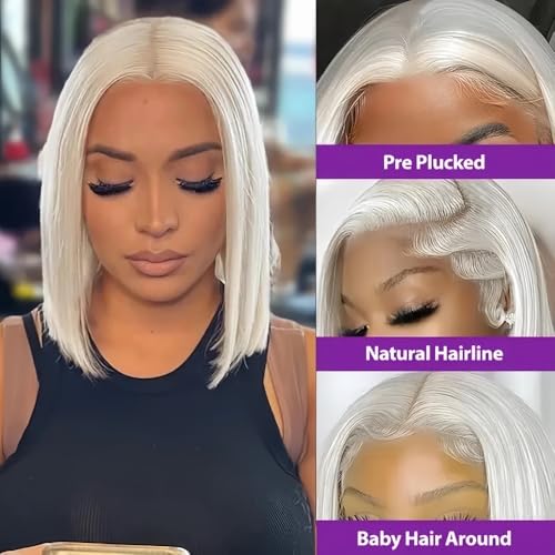 Glueless Wigs Human Hair Grey White Platinum Blonde Wigs for White Women 14'' 13x4 Lace Front Wigs with Baby Hair Pre plucked Frontal and Bleached Knots 60# Gray Ash Blonde Bob Wigs 150%