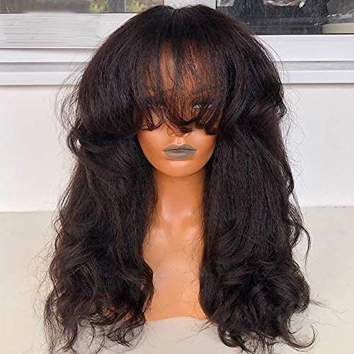 200% Yaki Wavy Human Hair Wigs with Bangs Full Machine Made Wig Brazilian Virgin Human Hair Yaki Wave Wig Scalp Top Wig For Black Women Natural Color 20 Inch
