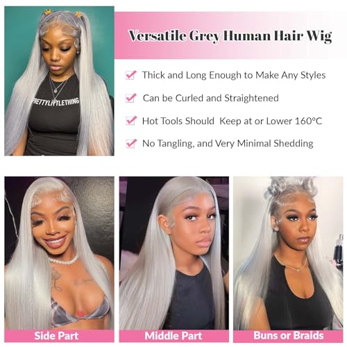 13x4 HD Lace Front Wigs Human Hair Silky Straight Glueless Gray Human Hair Wig 30 Inch Long Layered Grey Frontal Wigs Human Hair HD Lace Pre Plucked Silver Human Hair Wigs for Women 180% Density