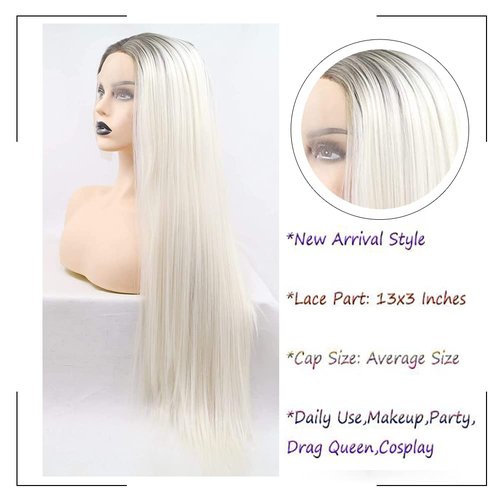 Angle Lucky Long Straight Platinum Blonde Lace Front Wig Synthetic Omber Blonde with Black Root Middle Part Wig Heat Resistant Fibre Realistic Hairline Daily Wigs for Women 24 Inch