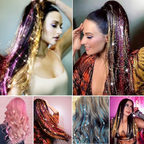 Hair Tinsel Kit with Tools 48 Inch 1200 Strands Colorful Tinsel Hair Extensions Fairy Hair Tinsel Kit Heat Resistant Sparkling Glitter Tensile Hair Accessories for Girls Women Kids