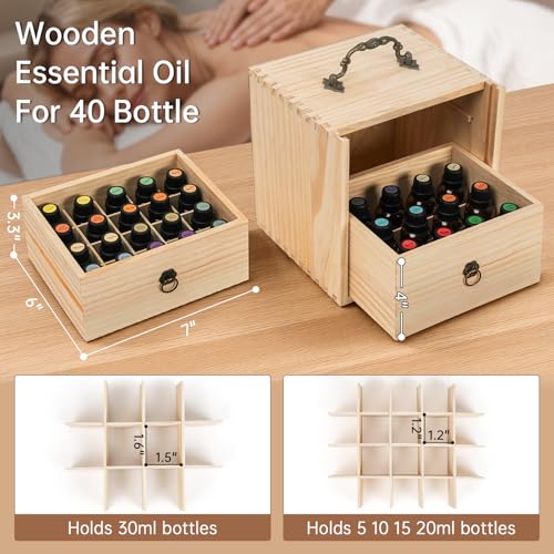 TORIBIO Essential Oil Storage Holder Organizer for 40 Bottles, Wooden Essential Oils Box Holds 5 10 15 20 30 ml for Young Living & Doterra Bottles