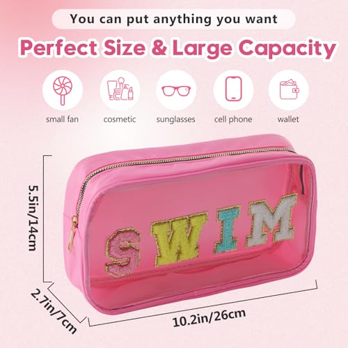 Swim Chenille Letter Makeup Bag,Waterproof Cute Women Clear Cosmetic Bags Sunscreen Organizer for Beach Pool Swimming Team Swimmers,Travel Toiletry SPF Zipper Pouches for Teen Girls (PINK-SWIM)