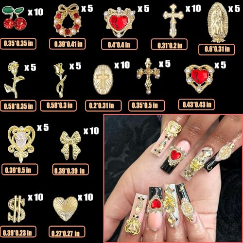 100Pcs Gold Nail Charms and Gems 3D Cross Nail Charms,Gold Rose,Hearts,Dollar,Bow,Cherry and Virgin Mary Nail Rhinestones for Nails Supplies