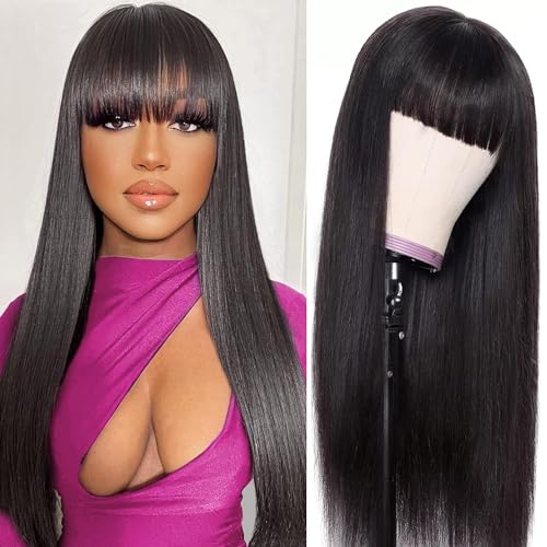 ROSELINE Glueless Wigs Human Hair with Bangs Straight Human Hair Wig with Bangs 150% Density None Lace Front Wigs for Black Women 28inch