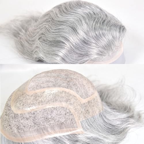 Men's Toupee 10"¡¿8" European Virgin Human Hair Toupee Hair pieces for Men Thin Skin Hair Replacement System Lace Front+ Mono Net with PU around Base for Men (#1b mix 80% grey synthetic hair)