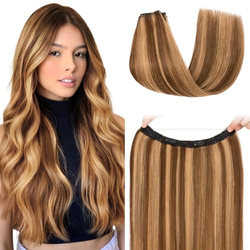S-noilite Halo Hair Extension Invisible Wire in Real Remy Human Hair Extensions with Clips Adjustable Hidden Wire in Hair Extension for Women 16 inch Medium Brown Highlighted Honey Blonde