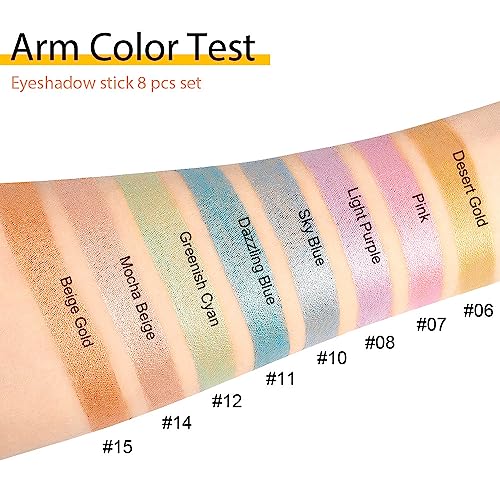Kaely 8Pcs Cream Eyeshadow Stick Set, Desert Mocha Beige Gold Light Purple Pink Sky Dazzling Blue Geen, Shimmer Eyeliner Pencil Eye Shadow Sticks Palette Makeup for Older Women, sombras para ojos 02