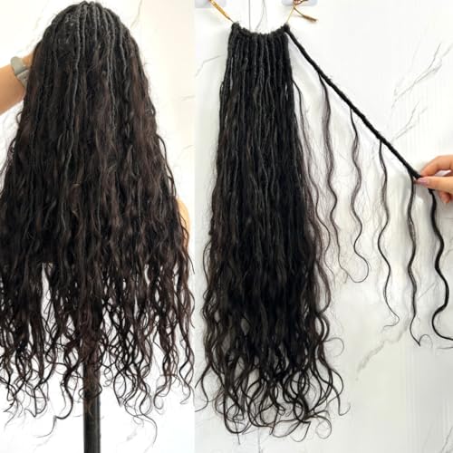 Pre-looped Crochet Boho Faux Locs with Human Hair body wave Ends Boho Hair Braids Goddess Dreadlocks Hair for Black Women Natural Color 26 Inch (Pack of 2)