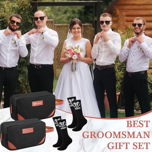18 Pcs Wedding Groomsmen Gifts Set Include Pcs Men Toiletry Bags Pairs Cotton Groomsmen Socks Pairs of Sunglasses for Wedding Proposal Gifts Bachelor Party Travel Kit(Black)
