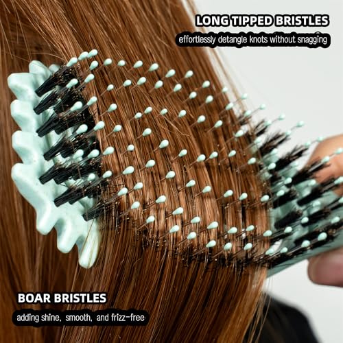 Curl Defining Brush, Boar Bristle Detangling Hair Brush for Women Girls Thick Curly Wavy Hair Wet Dry Use, Fast Blow Drying Vented Styling Hairbrush, Smoothing Hair No Tangle (Turquoise)
