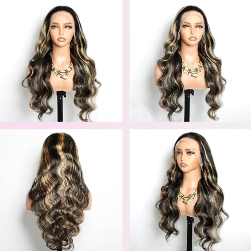 13x4 Lace Front Wig Human Hair Pre Plucked Ombre Lace Front Wig Human Hair 180% Density 1B/27 Highlight Wig Human Hair 32 Inch Body Wave HD Lace Frontal Wigs Glueless Wigs for Black Women