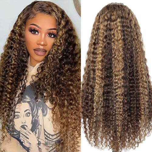 AKUZO 13x6 Ombre Honey Blonde Deep Wave Lace Front Wigs Human Hair Highlight Deep Curly Wig Pre Plucked 200% Density 4/27 HD Transparent Lace Frontal Glueless Wigs for Black Women 26inch