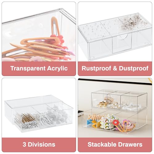 Hair Accessories Organizer for Girls, Clear Acrylic Hair Bow Tie Clip Scrunchie Holder with Removable Divider, Cute Small Stackable Storage Drawer Container Caddy Box for Bathroom Vanity Countertop