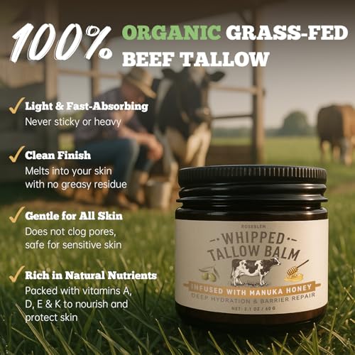 Whipped Tallow Honey Balm, Beef Tallow for Skin Face, 100% Organic Grass-Fed Beef Tallow Balm with Raw Honey, Hydrating Repairing Tallow Face Moisturizer for Dry & Sensitive Skin, Unscented, 2 Oz