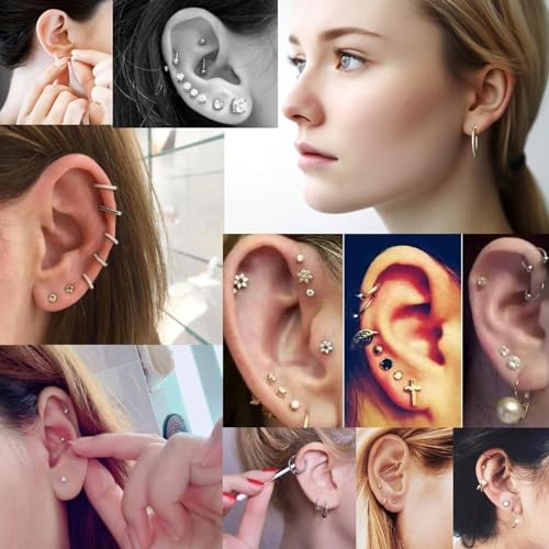 Ear piercing gun, Reusable Professional Ear Piercing Kits, 24 Surgical Grade Anti-sensitive Piercing Earrings, 10 Cubic Zirconia Fashion Earrings, 24 Alcohol Cotton Sheets (silver)