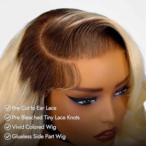 Wiggins Ombre 4/613 Blonde Layered Wig Human Hair Body Wave 6x8 Pre Cut Layered Human Hair Wig Side Part Glueless Wigs Pre Plucked Wigs For Black Women Beginner Friendly 16 Inch