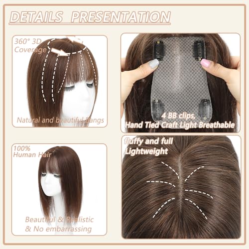 Hair Toppers for Women Real Human Hair,360¡Æ3D Big Basement Cover Topper for Women with Thinning Crown with Wispy Clip in Bangs Realistic Scalp (Medium brown, 3D Wispy Bangs 18INCH)