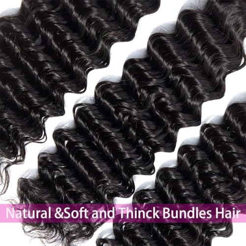 12A Deep Wave Bundles Human Hair 18 20 22 Inch 100% Unprocessed Brazilian Virgin Deep Curly Human Hair 3 Bundles Wet and Wavy Double Weft Deep Wavy Hair Extensions Real Human Hair Natural Black
