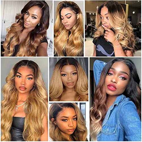 Shining Girl 12A Ombre Body Wave Bundles With Closure Brazilian Virgin Remy 100% Human Hair Ombre 3 Tone T1B/4/27 Color Human Hair Extensions 3 Bundles with 4x4 Lace Closure (18 20 22+16, 1B#/4#/27#)