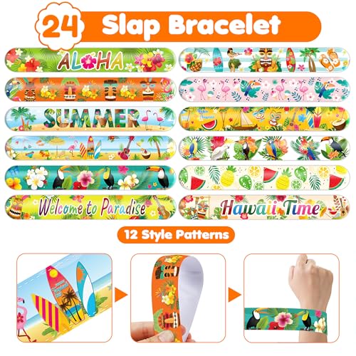 48PCS Hawaiian Party Set - 24PCS Temporary Tattoos & 24PCS Slap Bracelets - Summer-Themed Birthday Supplies, Baby Shower Gifts, Classroom Rewards & Party Decor for Kids (Boys & Girls)