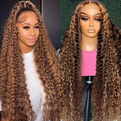 30 Inch Ombre Highlight Lace Front Wig Human Hair 13x4 Deep Wave Lace Front Wigs Human Hair P4/27 Honey Blonde Glueless Lace Front Wigs Pre Plucked HD Transparent Lace Frontal Wig 180% Density
