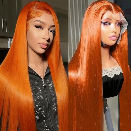 32 Inch Ginger Wig Human Hair 13X6 200% Density Ginger Orange Lace Front Wigs Human Hair 350 Colored Straight HD Transparent Lace Frontal Wigs Pre Plucked With Baby hair