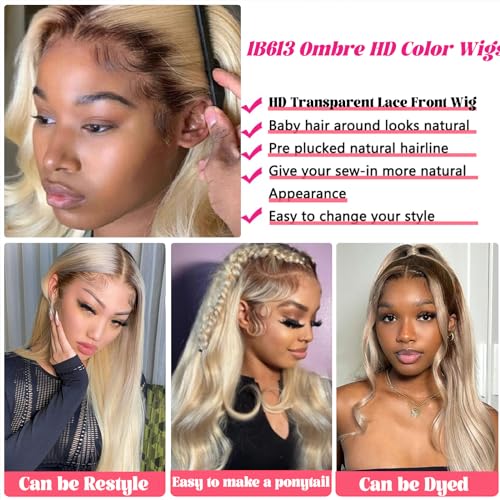 Smavida Pre Plucked Lace Front Wigs - 13x4 HD Ultra-thin Invisible Lace Front Wigs for Black Women, Dark Roots Ombre Blonde Human Hair Wigs Body Wave Melted Hairline