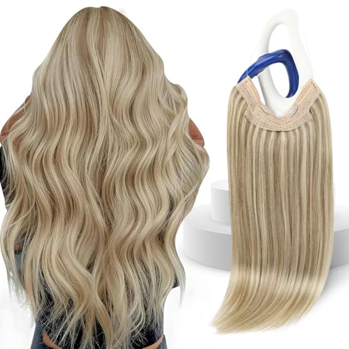 Sunny Hair Wire Hair Extensions Real Human Hair Fish Line Human Hair Extensions Invisible Wire Extensions Golden Blonde with Medium Blonde Highlights #16/22 18 Inch