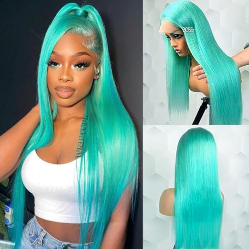 Blue Green Color Synthetic Lace Front Wigs for Fashion Women 24 Inch Long Silky Straight Hair Mint Green Wig 13x4 HD Lace Front Wigs Pre Plucked Hairline