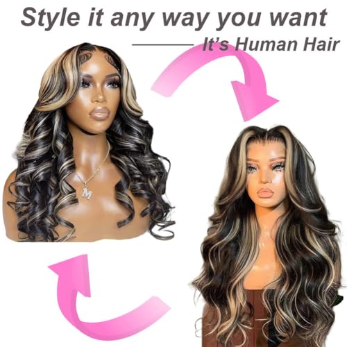 FB/27 28 Inch Highlight Balayage Wig Human Hair 13x4 HD Lace Front Wigs Body Wave Ash Blonde Omber Lace Front Wigs Human Hair Pre Plucked for Black Women 180% Density