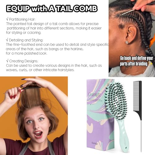 Curl Defining Brush, Boar Bristle Detangling Hair Brush for Women Girls Thick Curly Wavy Hair Wet Dry Use, Fast Blow Drying Vented Styling Hairbrush, Smoothing Hair No Tangle (Turquoise)