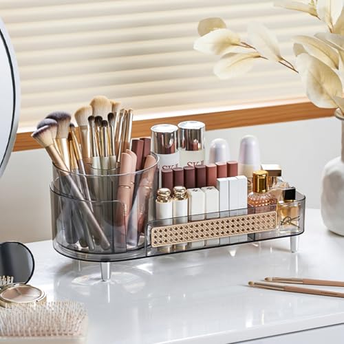 Rotating Makeup Organizer,Large Capacity Countertop Skincare Organizer,2 in 1 Bathroom Makeup Caddy,Cosmetic Display Case (Crystal Clear)