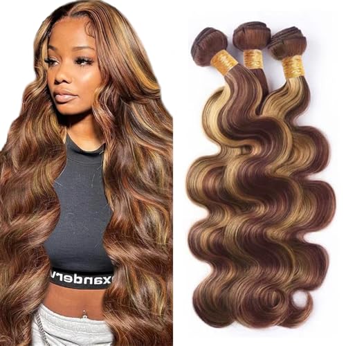 P33/27 Highlight Blonde Bundles Human Hair Body Wave Bundles 14 16 18 Inch 3 Bundle Unprocessed Brazilian Virgin Hair Reddish Brown Body Wave Human Hair Extensions 50 Gram Per Bundle