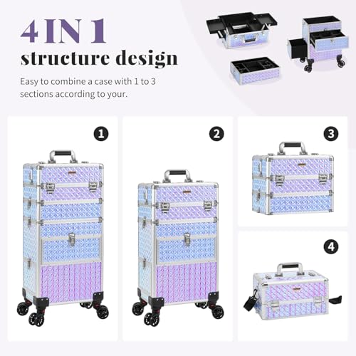 4 in 1 Rolling Makeup Case with Drawers, Multi-functional Cosmetic Trolley with Wheels and Keys, Large Storage Traveling Cart Trunk for Nail Technicians, Makeup Artist and Hairstylist, Silver