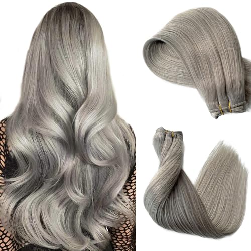 12 Inch Silver Grey Weft Sew in Hair Extensions Real Human Hair Weft Bundles, Hand Tied Silver Gray Sew in Weft Human Hair Extensions, 80G Per Bundle with Thick Full Ends
