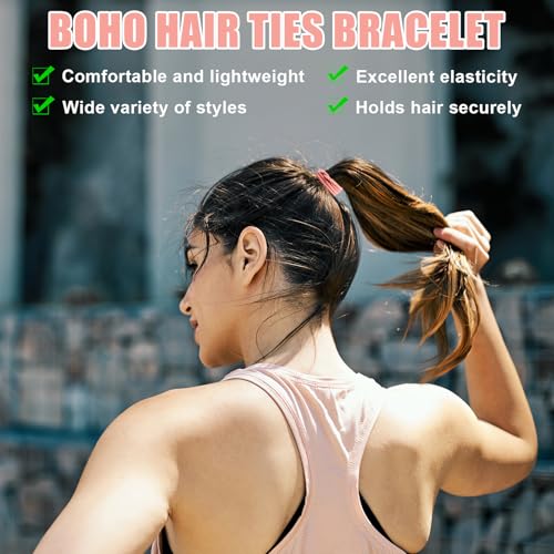60 Pcs Boho Hair Ties, 4 Styles Elastic Hair Tie Bracelets for Women Hair Tie Bracelets Ponytail Holders for Girls with Thick and Thin Hair