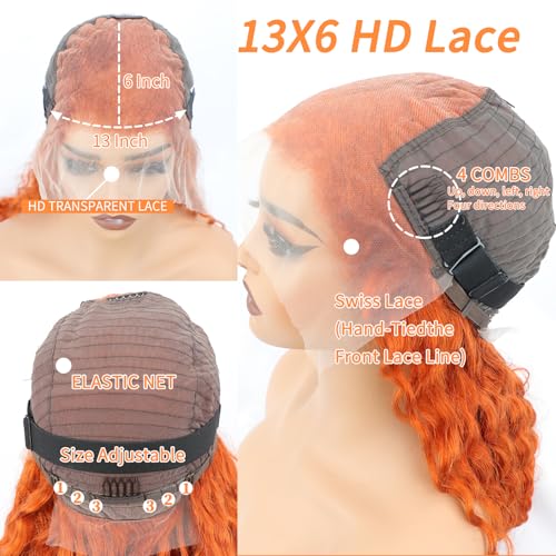 DJFG Deep Wave Lace Front Wigs Human Hair Curly Wig Human Hair HD Frontal 200 Density 13x6 Lace Ginger Wig Human Hair Orange 30 Inch