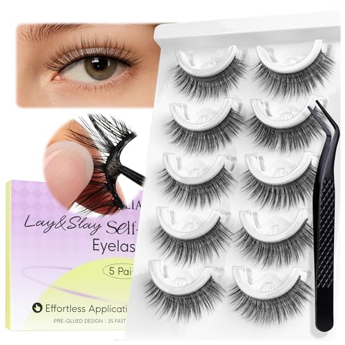 BEYELIAN Self Adhesive Eyelashes Natural Look, Pre Glued Wispy False Lashes No Glue Required, Faux Mink Eyelashes 5 Pairs ZCV-204