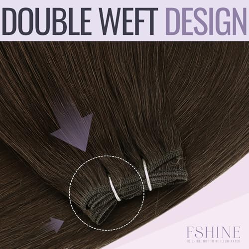 Fshine Hand Tied Weft Hair Extensions Real Human Hair 24 inch Dark Brown Double Weft Full Head Sew in Extensions Weave Bundles for Women