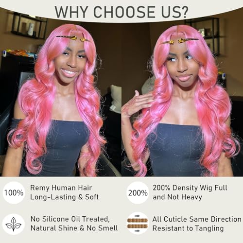 School Day Candy Pink Human Hair Wig Colored Body Wave Lace Front Wig Virgin Hair 13x4 UHD Transparent Swiss Soft Lace Preplucked Brazilian Hair 20"