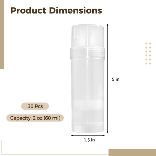 30 PCS Empty Deodorant Containers, 2 oz Refillable Semi-Transparent Plastic Stick Tubes, 60 ml Twist-up Filling Bottles for DIY Sunscreen, Balm, Lotion Bar