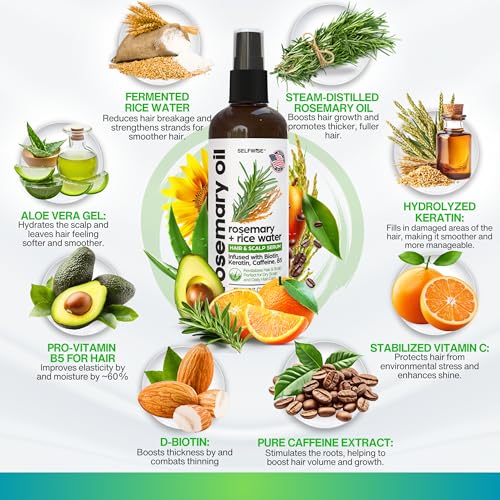 Rosemary Oil and Rice Water Hair Growth Spray - Serum with Biotin, Keratin, Caffeine, Vitamins C & B5 for Hair Mask, Hair Care, Scalp Treatment, Thickening Dry Damaged Hair for Women & Men 12oz