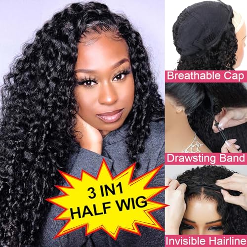 BLG Burmese Curly Human Hair Half Wig for Black Women 300% Density 3 In 1 Half Wig Human Hair 24 Inch Spiral Curly Wear and Go Drawstring Wigs Natural Color Quick Install Beginners Friendly Wigs