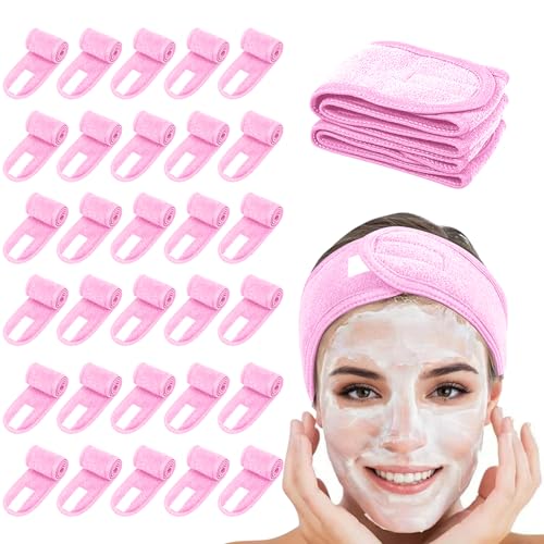 30 Pack Spa Headband Bulk Spa Facial Headband Adjustable Skincare Head Wrap with Non Slip Tape for Washing Face Makeup Shower Sport Facial Mask Yoga,Pink