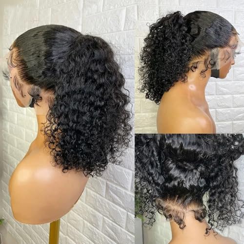 Caijuxing Water Wave 360 Glueless Lace Front Wigs Human Hair Invisi Strap HD Full Lace Front Wigs Human Hair Pre Plucked with Drawstring 180 Density Curly Wig (360-Water Wave Wig, 18 Inch)