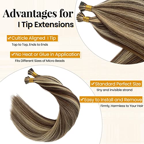 Hair Extensions Real Human Hair I Tip Extensions Bleach Blonde Highlighted Medium Brown Human Hair Extensions for Women 24 Inch Long Straight Brown and Blonde I Tips 50s 50g