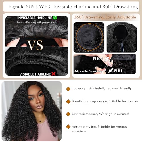 LESLY 24 Inch Kinky Curly Half Wig Human Hair 200 Dnsity 3 IN 1 Half Wig With Drawstring Seamless Clip Ins Flip Over Glueless Wigs Beginner Friendly Headband Wig For Women.