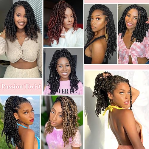 Alrence Passion Twist Crochet Hair 8 Packs Pre twisted Passion Twist Hair For Women Soft Bohe Pre-looped Crochet Braids (14 Inch (Pack of 8), 1B#)